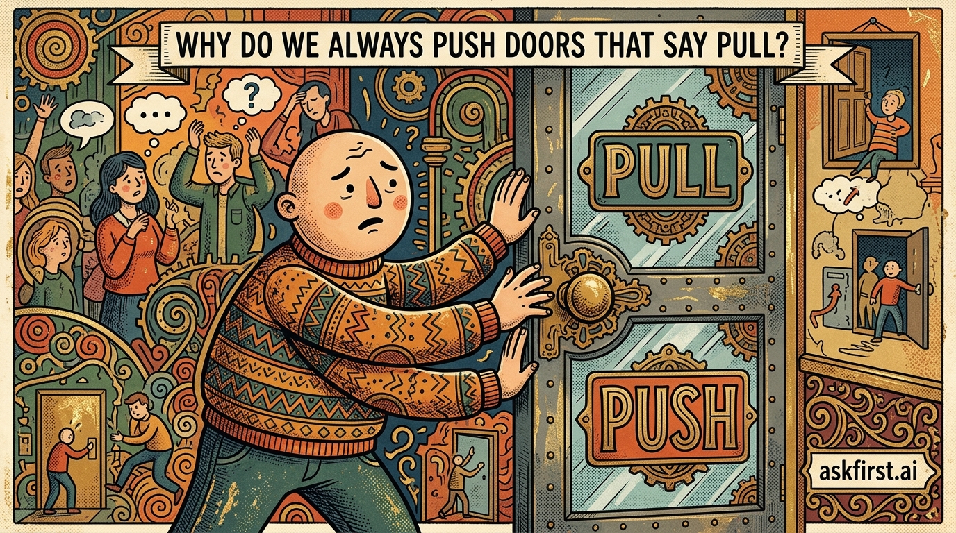 Why do we always push doors that say pull? Why do we always push doors that say pull?