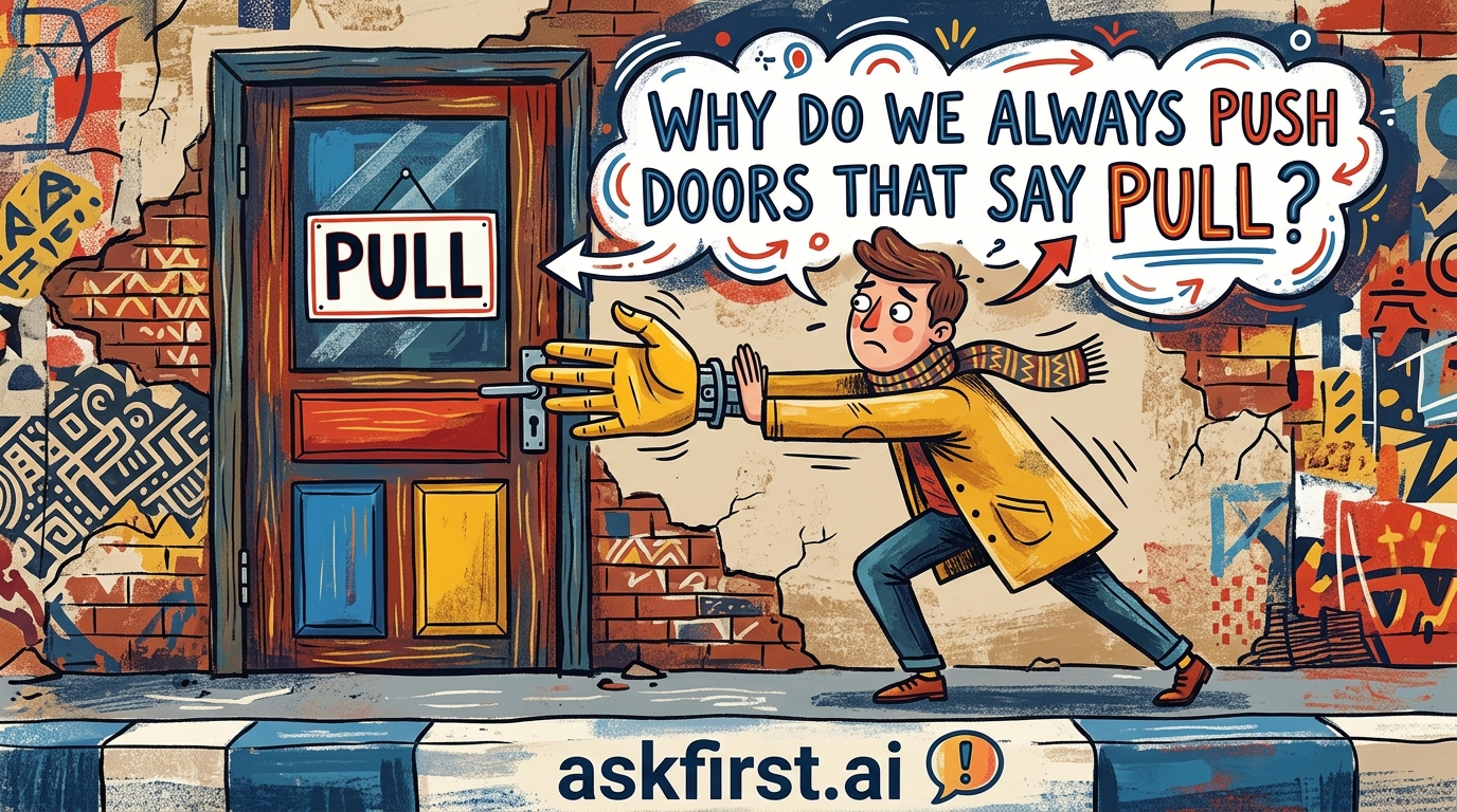 Why do we always push doors that say pull? Why do we always push doors that say pull?