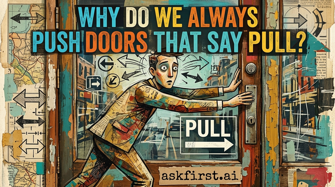 Why do we always push doors that say pull? Why do we always push doors that say pull?