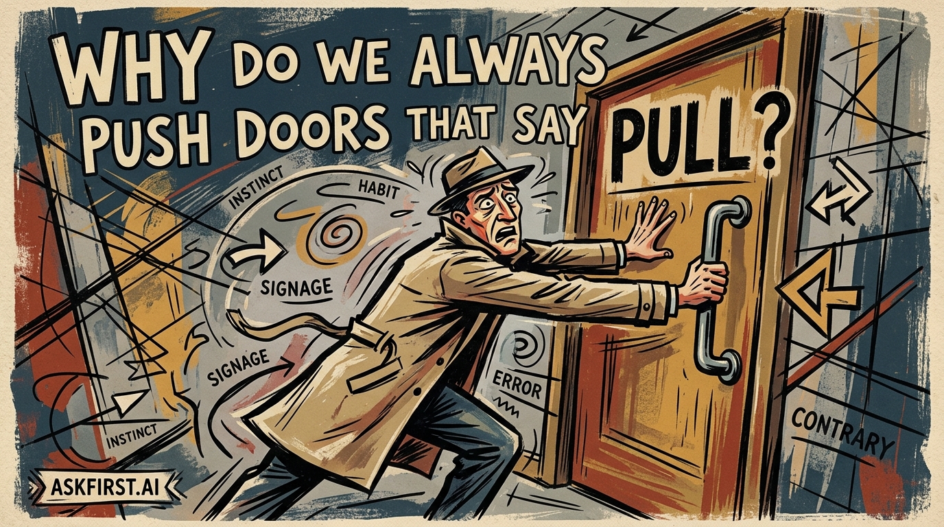 Why do we always push doors that say pull? Why do we always push doors that say pull?