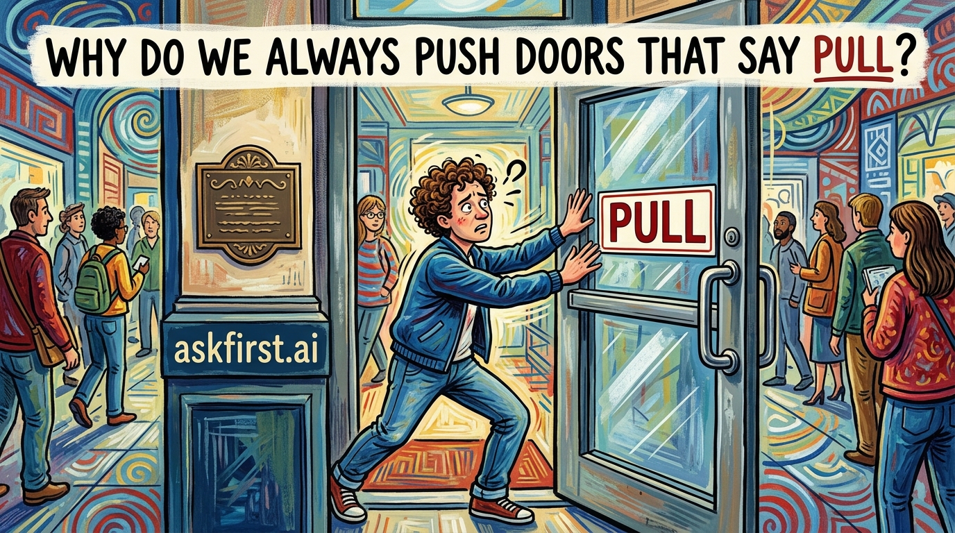 Why do we always push doors that say pull? Why do we always push doors that say pull?