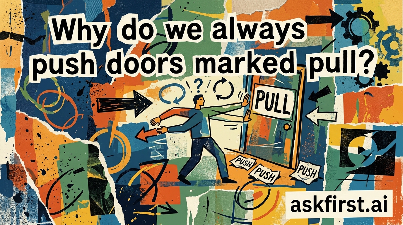 Why do we always push doors marked pull? Why do we always push doors marked pull?