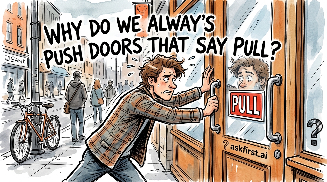 Why do we always push doors that say pull? Why do we always push doors that say pull?