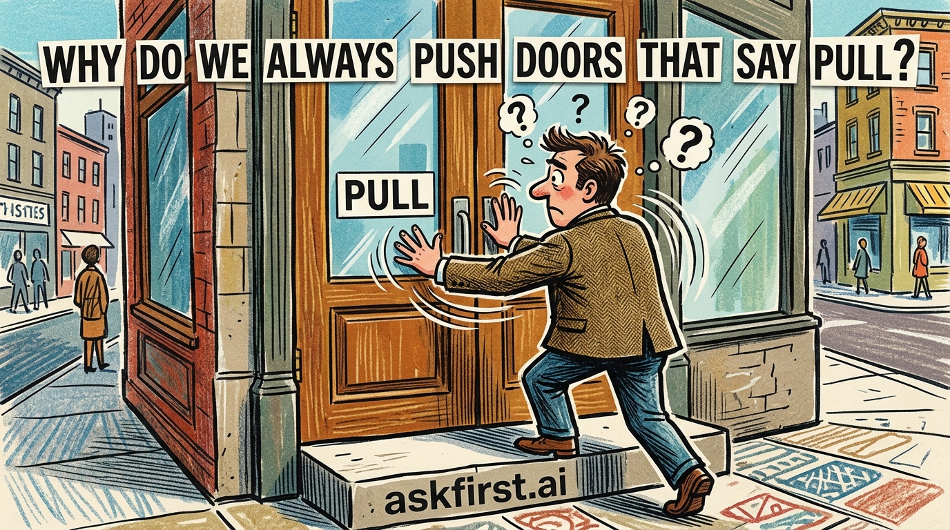 Why do we always push doors that say pull? Why do we always push doors that say pull?