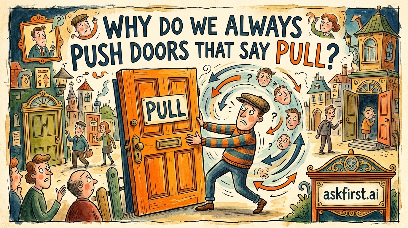 Why do we always push doors that say pull? Why do we always push doors that say pull?