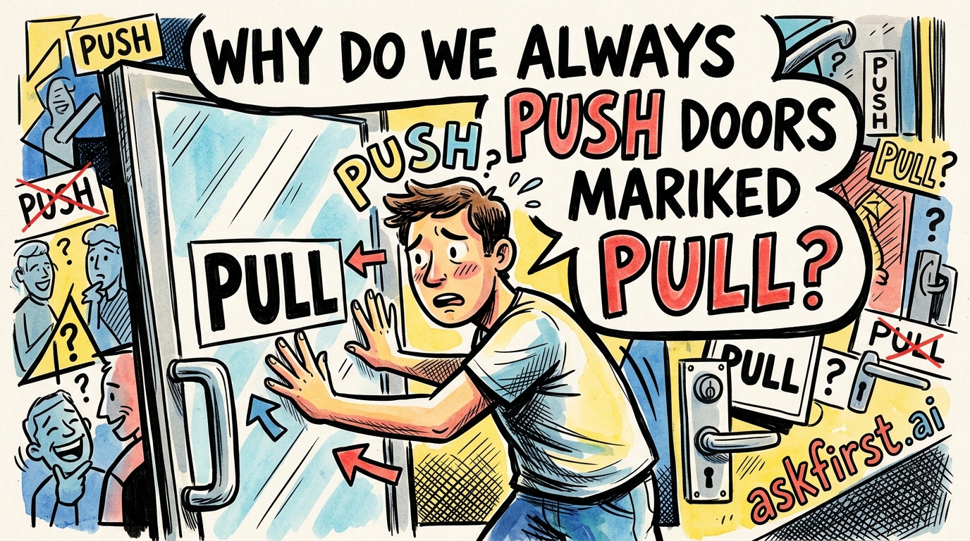Why do we always push doors marked pull? Why do we always push doors marked pull?