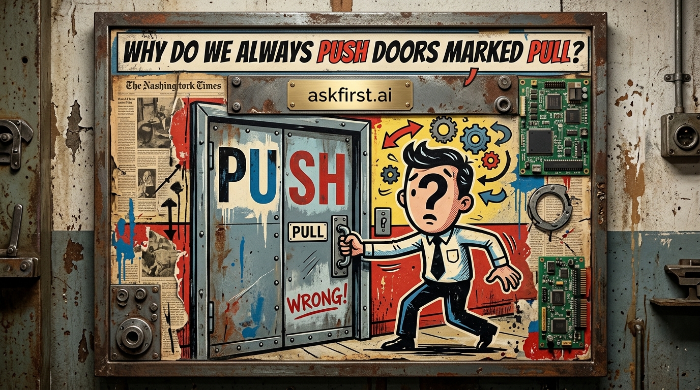Why do we always push doors marked pull? Why do we always push doors marked pull?