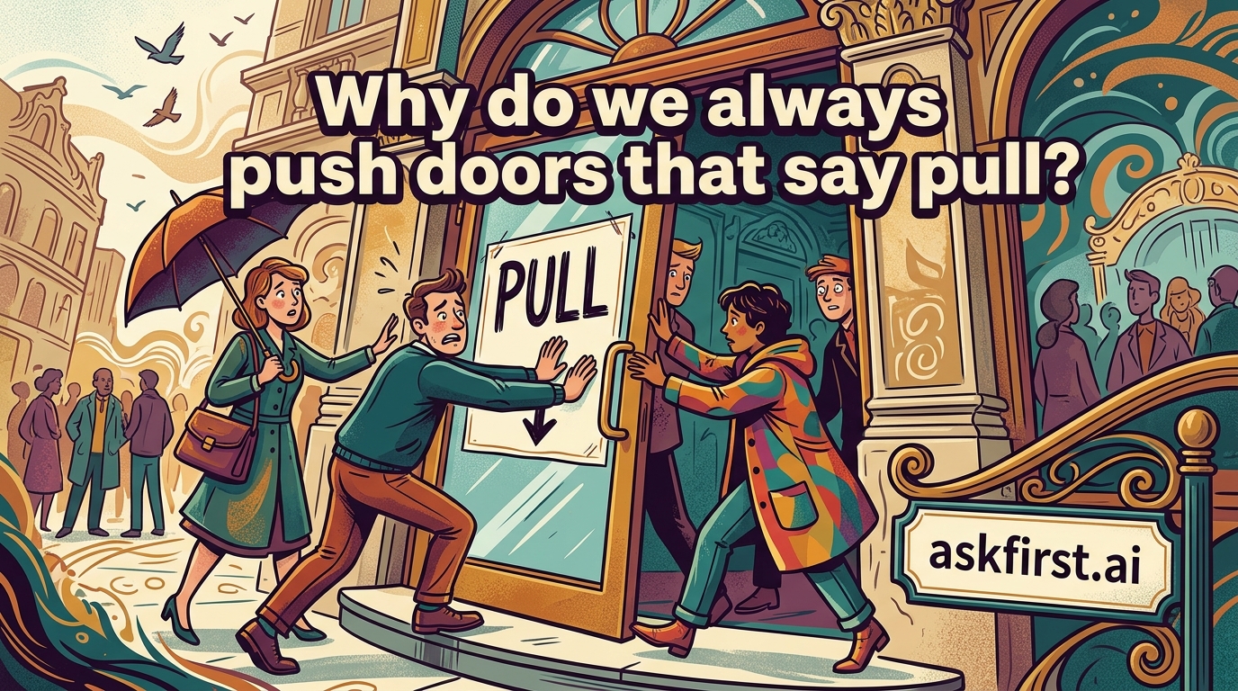 Why do we always push doors that say pull? Why do we always push doors that say pull?
