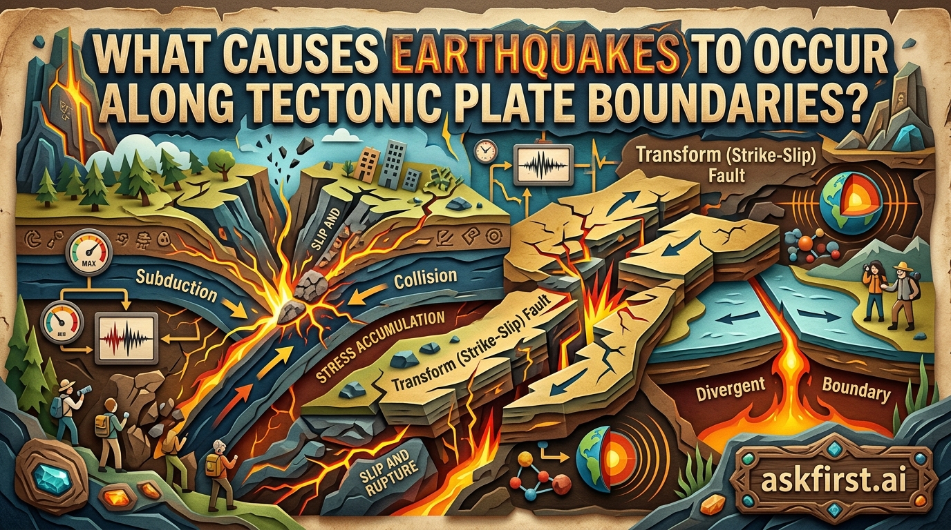 What causes earthquakes to occur along tectonic plate boundaries? What causes earthquakes to occur along tectonic plate boundaries?