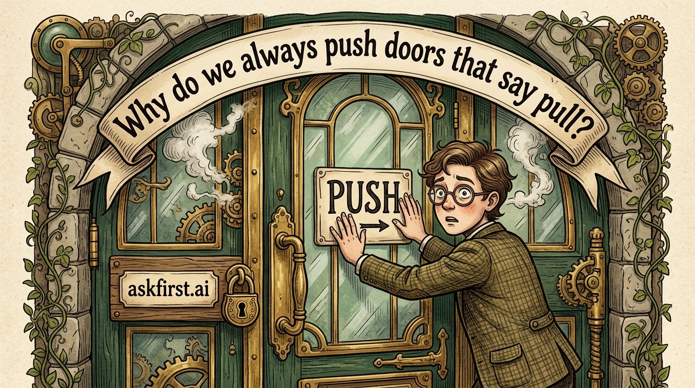 Why do we always push doors that say pull? Why do we always push doors that say pull?