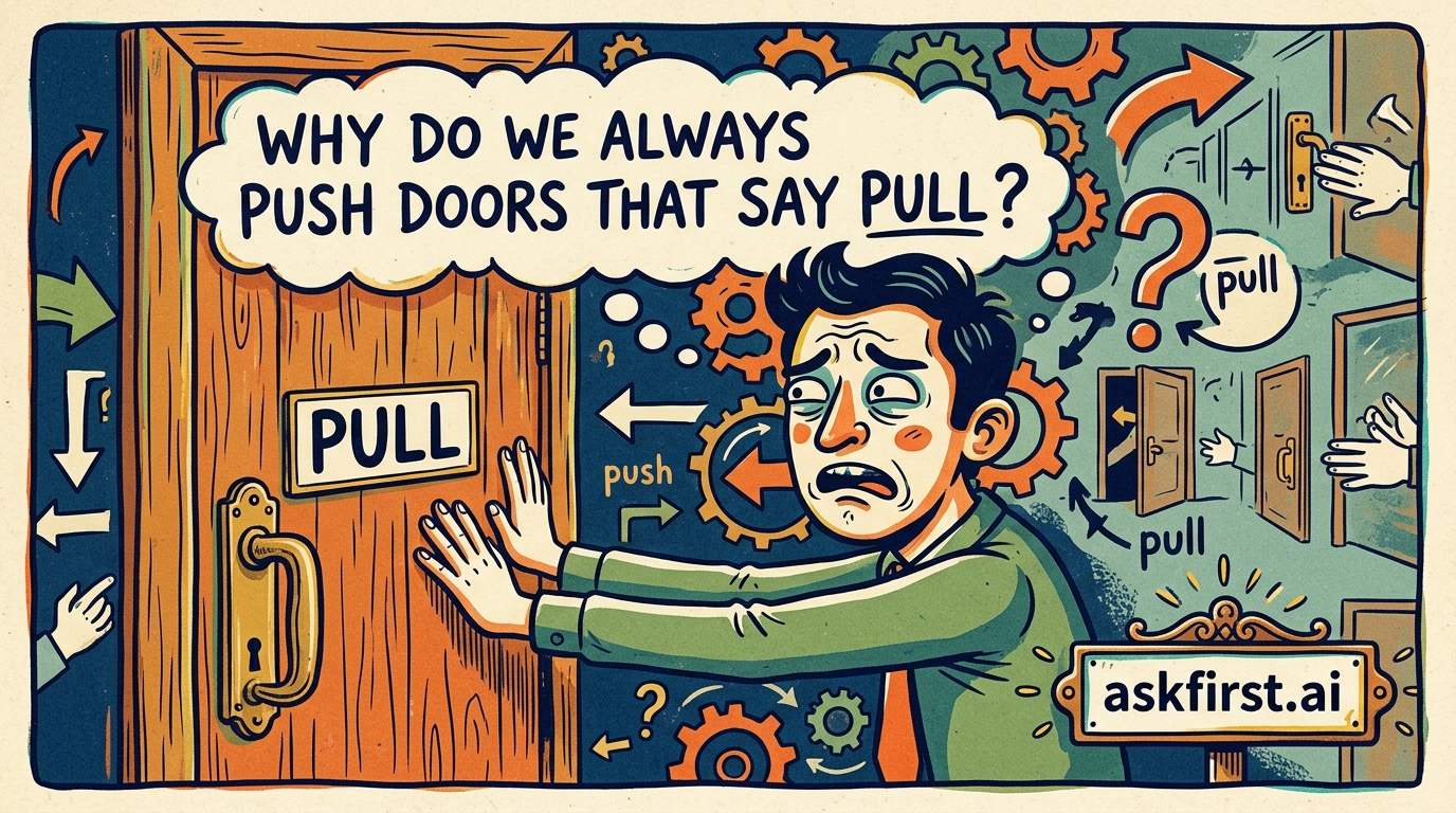 Why do we always push doors that say pull? Why do we always push doors that say pull?