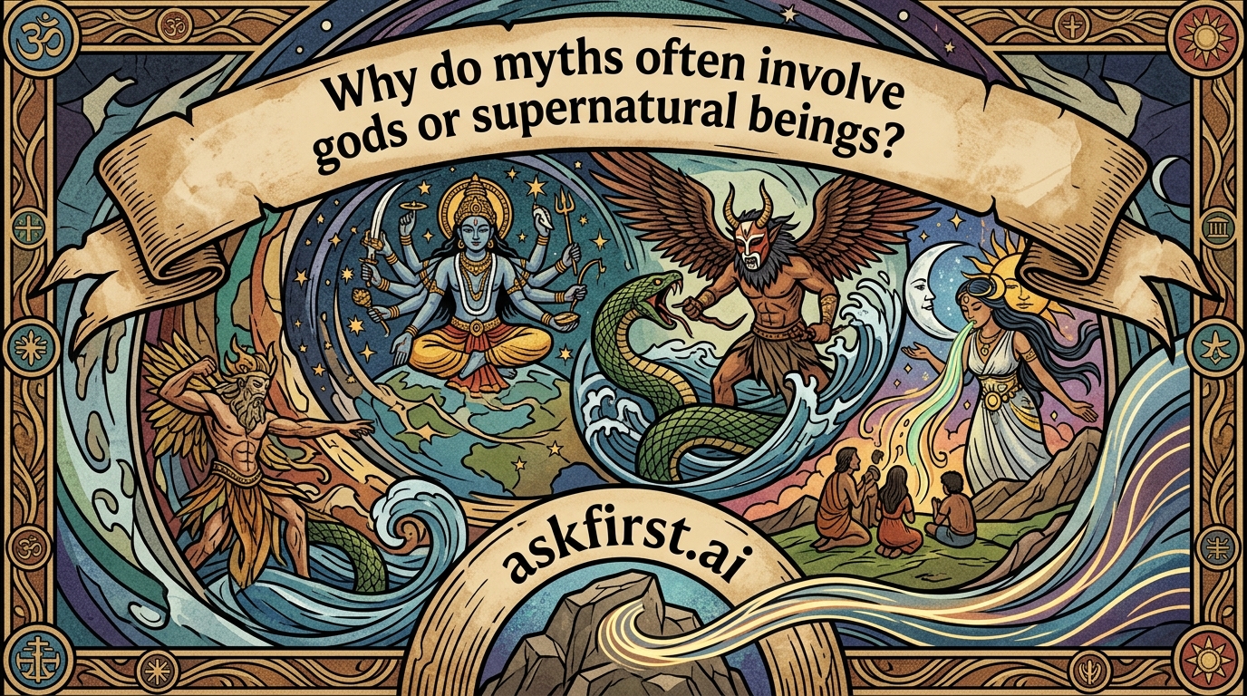 Why do myths often involve gods or supernatural beings? Why do myths often involve gods or supernatural beings?