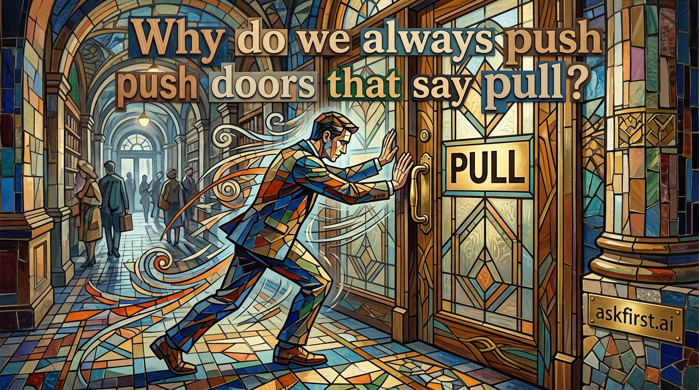 Why do we always push doors that say pull? Why do we always push doors that say pull?