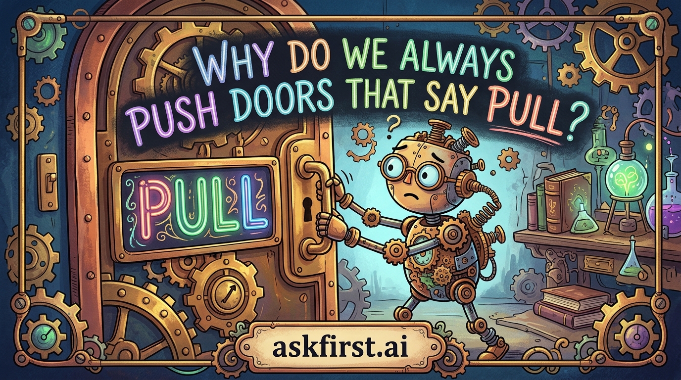 Why do we always push doors that say pull? Why do we always push doors that say pull?