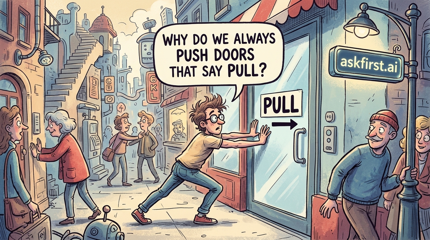 Why do we always push doors that say pull? Why do we always push doors that say pull?