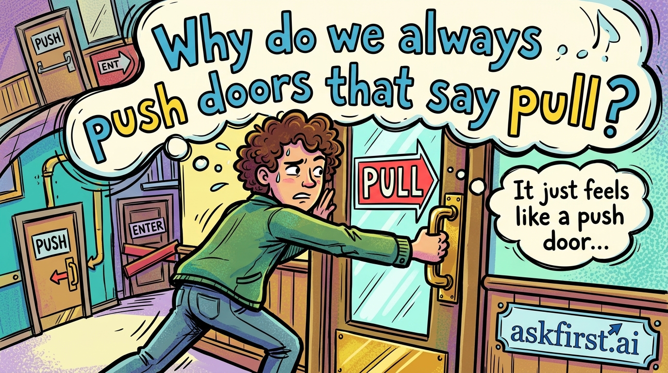 Why do we always push doors that say pull? Why do we always push doors that say pull?