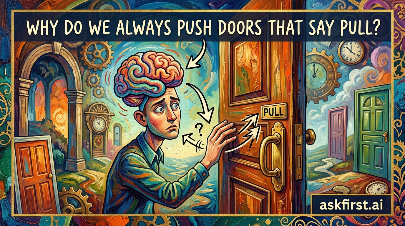 Why do we always push doors that say pull? Why do we always push doors that say pull?